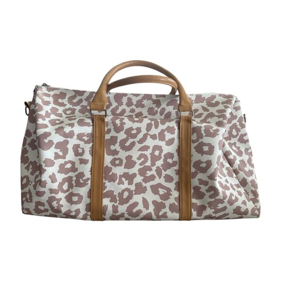 Cream & Brown Leopard Weekender Bag • Travel Duffel Tote • Overnight Carry On - Picture 2 of 7